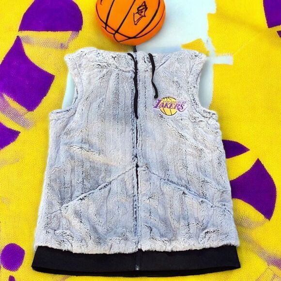 ANTIGUA WOMENS NBA L.A.LAKERS BASKETBALL ZIP UP HOODED FAUX FUR VEST COAT MED - Picture 4 of 9